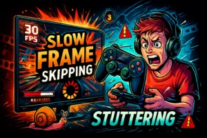 9 Common Issues in PPSSPP Gold APK and How to Fix Them: A Complete Guide 8 "Slow Frame Skipping" and "Stuttering" on the screen, symbolizing lag and poor performance in gaming.