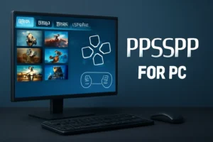 "PPSSPP for PC emulator running on a desktop, showcasing PSP games with a user-friendly interface and controller layout."