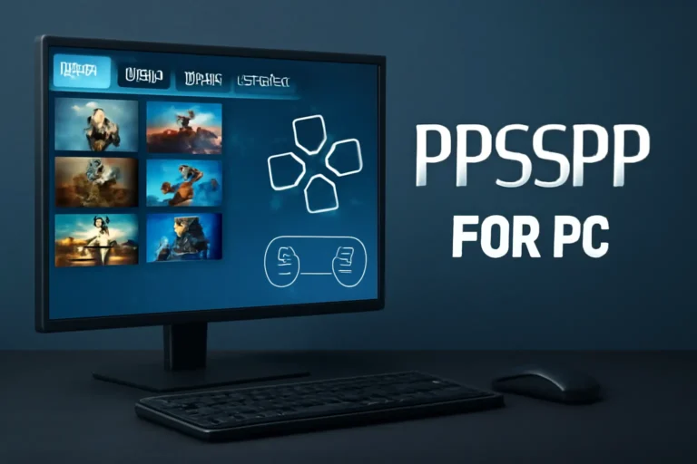 "PPSSPP for PC emulator running on a desktop, showcasing PSP games with a user-friendly interface and controller layout."